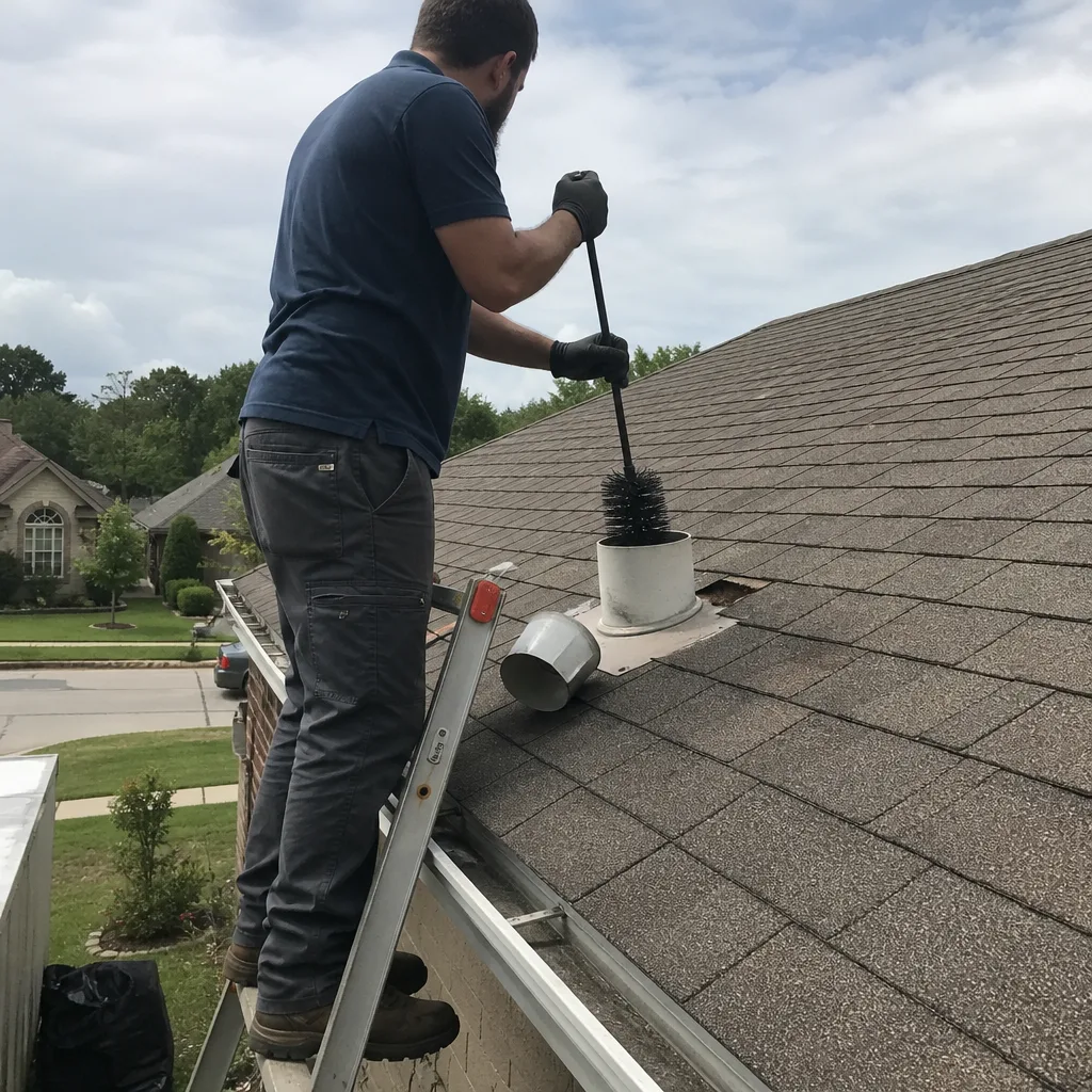 Professional technician performing dryer vent cleaning on a residential roof